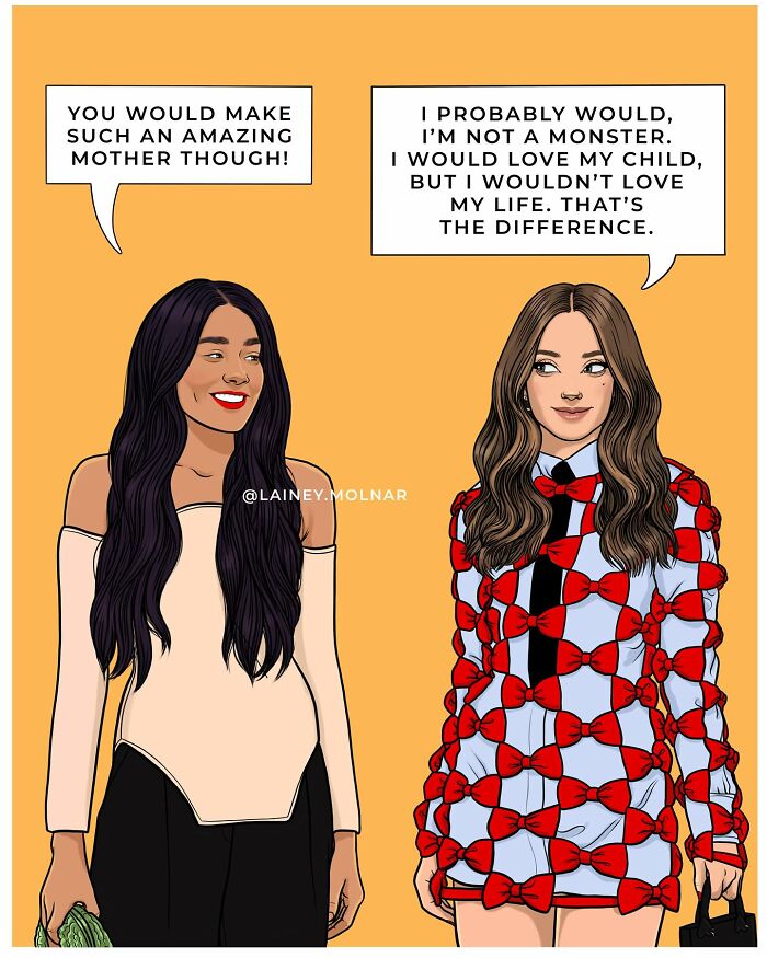 Illustration by Lainey Molnar showing two women discussing motherhood and personal choices challenging societal expectations.