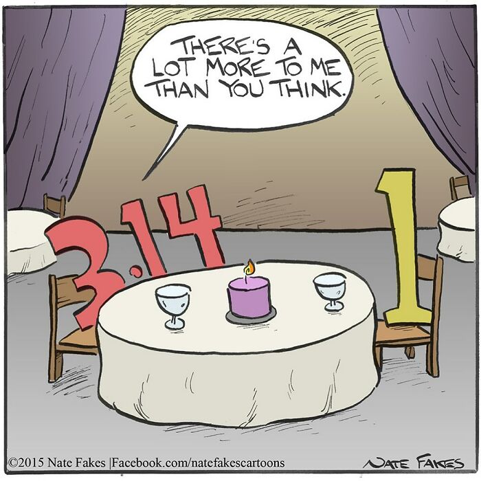 Single-panel comic showing numbers 3.14 and 1 at a dinner table with a speech bubble about hidden depth.