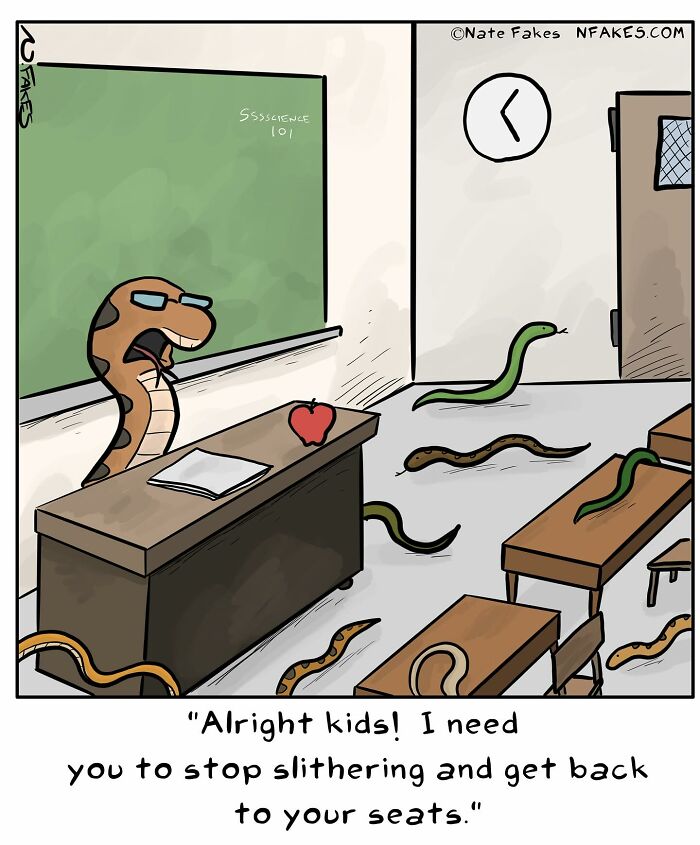 Funny single-panel comic showing a snake teacher asking snake students to stop slithering and sit in a classroom.