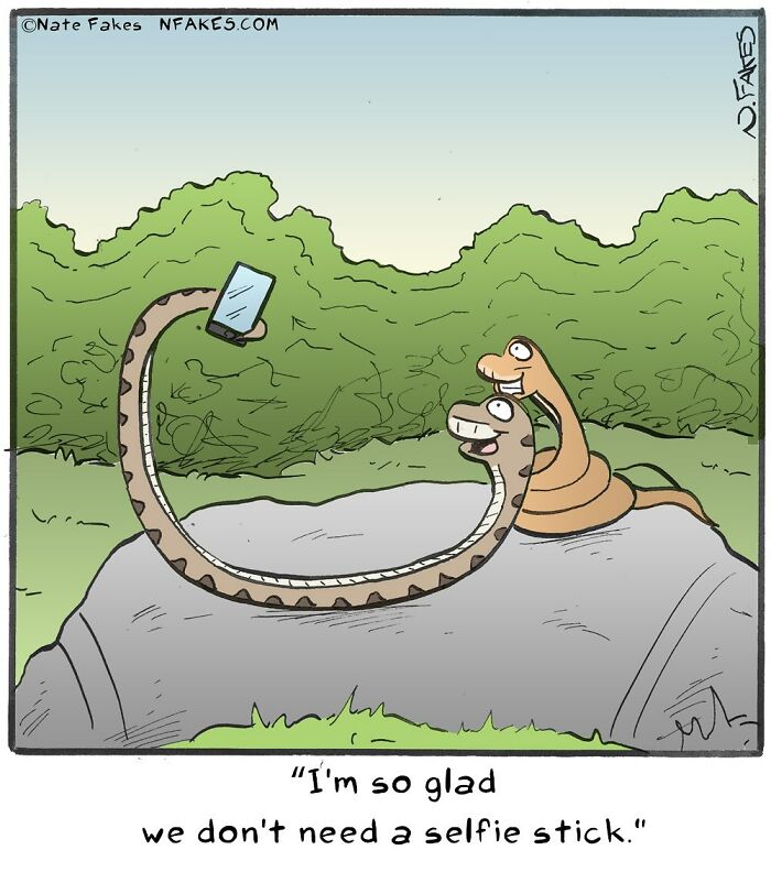 Cartoon of two snakes on a rock taking a selfie with a phone, a funny single-panel comic capturing life’s quirks.