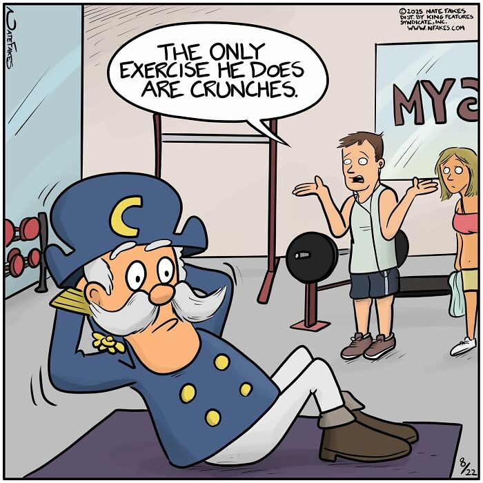 Funny single-panel comic showing a captain doing crunches at the gym with a man explaining his exercise routine.