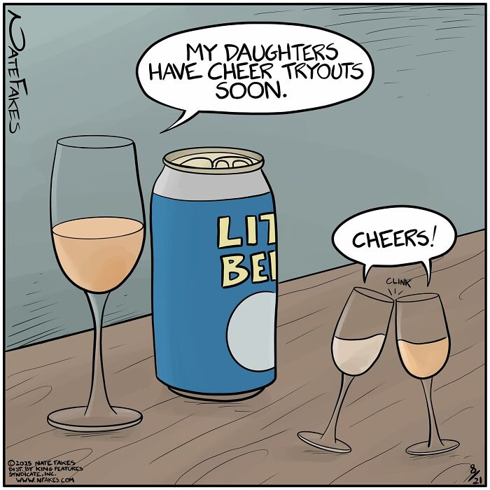 Funny single-panel comic showing alcoholic drinks talking about cheer tryouts and toasting with cheers.