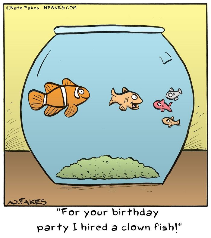 Single-panel comic showing fish in a bowl with a clown fish, capturing life’s quirky humor in a funny comic style.
