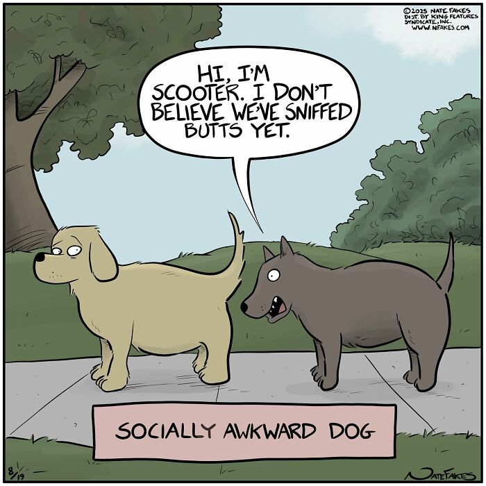 Funny single-panel comic shows two dogs, one nervously introducing himself, capturing life’s quirky social awkwardness.