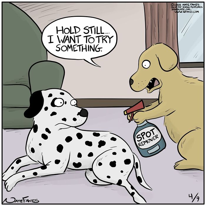 Funny single-panel comic showing a dog holding spot remover and asking a spotted dog to hold still.