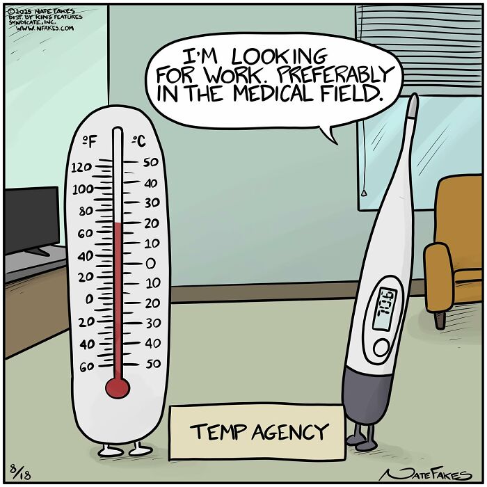 Thermometer and digital thermometer at a temp agency, humorously depicting funny single-panel comics about life’s quirks.