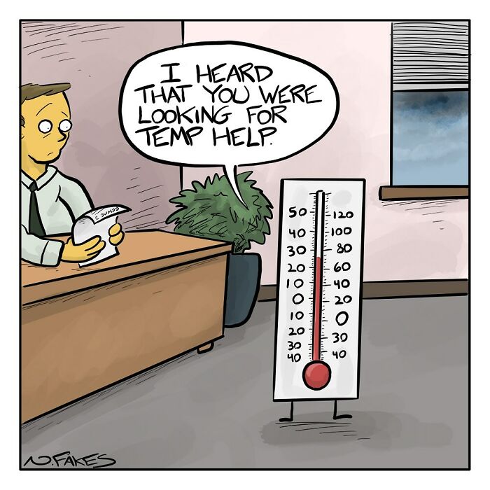 Office scene single-panel comic showing a thermometer offering temporary help to a surprised man reading a resume.