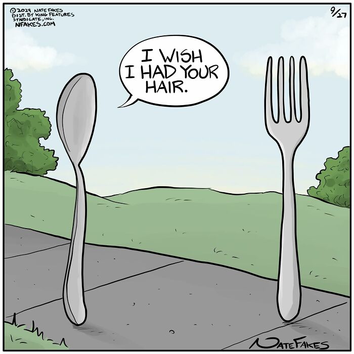 Single-panel comic with a spoon telling a fork I wish I had your hair, capturing quirky humor in everyday life.