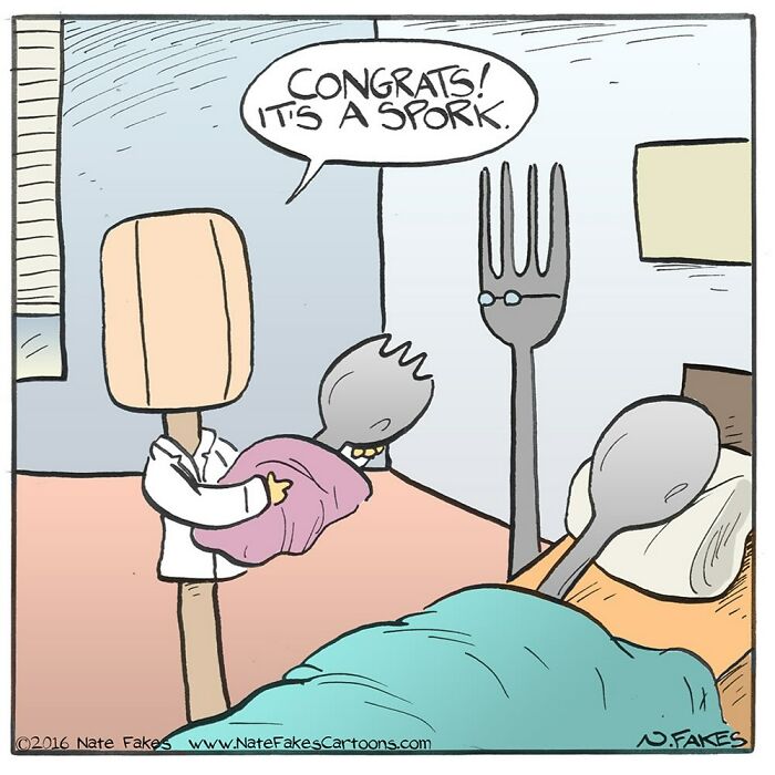 Single-panel comic showing a spoon and fork couple with a doctor announcing its a spork baby.