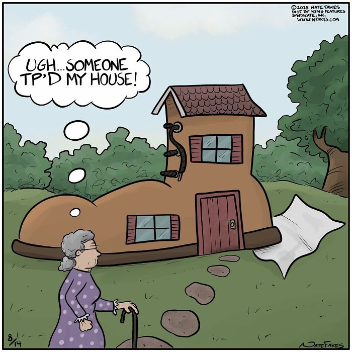 Cartoon of a woman looking at a shoe-shaped house covered with toilet paper in a funny single-panel comic about life's quirks.