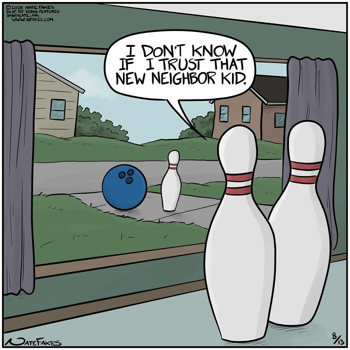 Bowling pins watch a suspicious bowling ball and pin outside, depicted in a funny single-panel comic capturing life’s quirks.