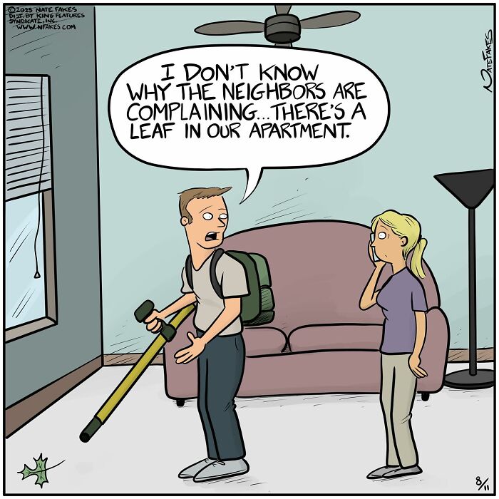 Man with leaf blower in apartment, woman on phone, funny single-panel comic capturing life’s quirks and neighbor complaints.