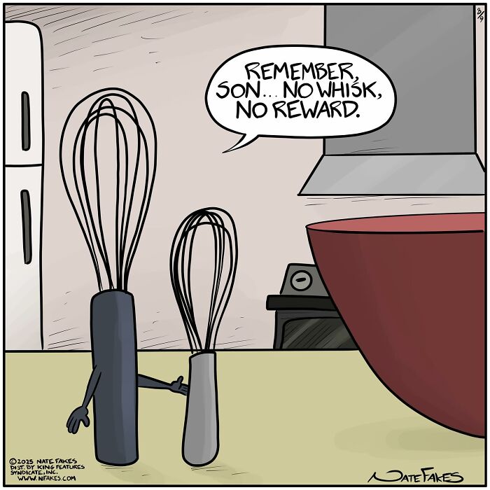 Funny single-panel comic showing two whisks talking in a kitchen with a humorous speech bubble about reward.