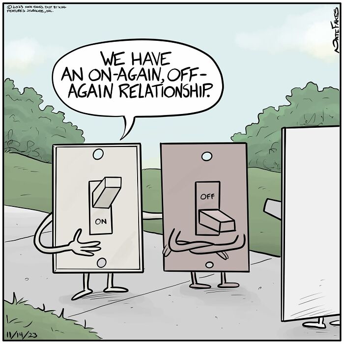 Funny single-panel comic featuring anthropomorphic light switches in an on-again, off-again relationship joke.