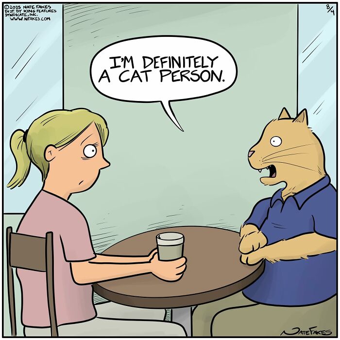 Single-panel comic showing a woman and a talking cat at a table, humorously capturing life’s quirky moments.
