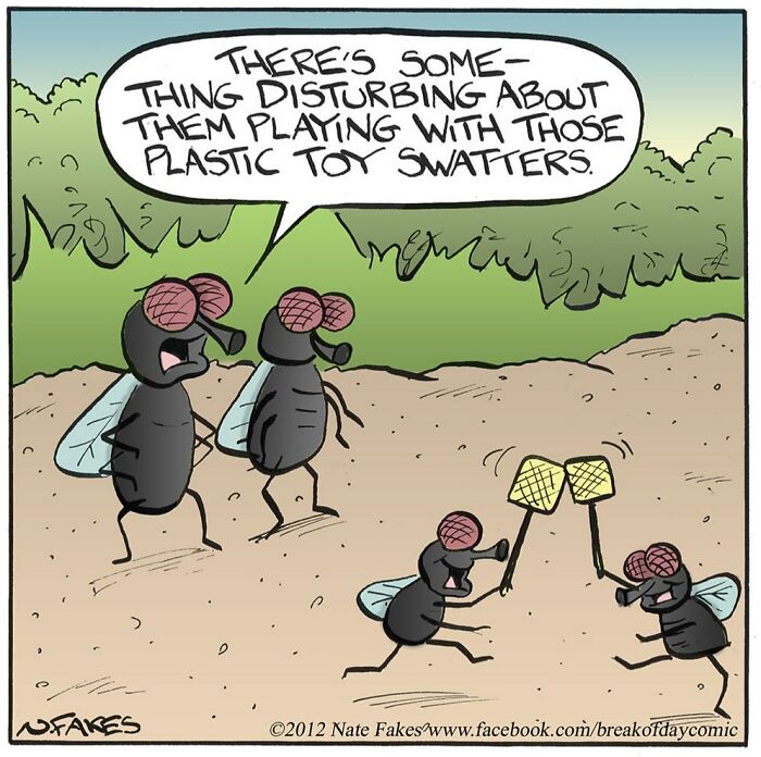 Funny single-panel comic showing flies playing with toy swatters in a quirky outdoor scene.