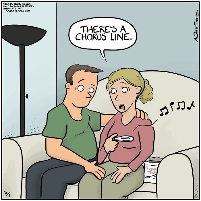 Couple on couch with woman holding pregnancy test, humorous single-panel comic capturing life’s quirks and surprises.