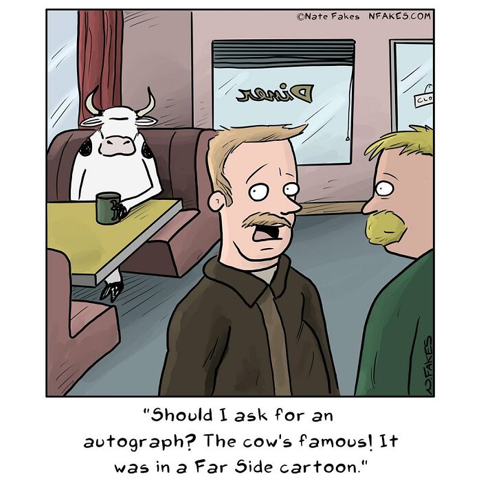 Cartoon of two men in diner with a cow at a booth, a funny single-panel comic capturing life's quirks and humor.