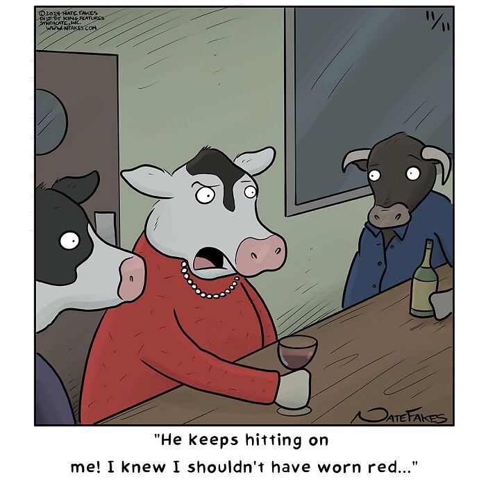 Funny single-panel comic with cows at a bar, featuring a cow in red complaining about unwanted attention.