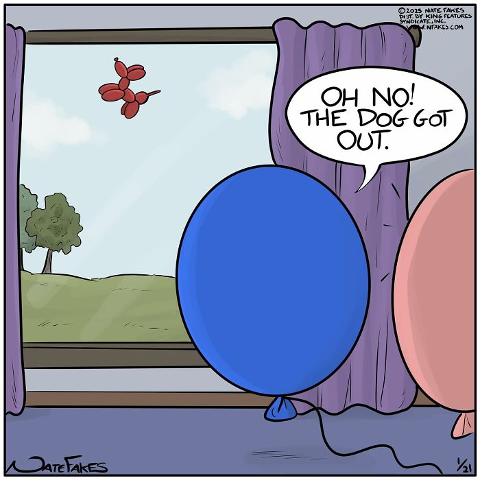 Single-panel comic showing balloons looking out a window as a balloon dog floats away, capturing life’s quirks humor.
