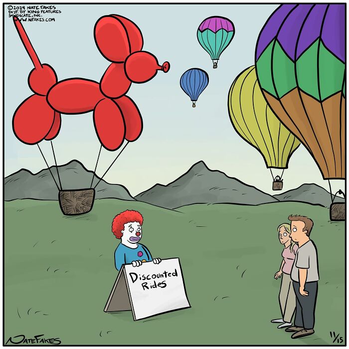 Clown offers discounted rides in a balloon shaped like a red balloon dog in a funny single-panel comic capturing life’s quirks.