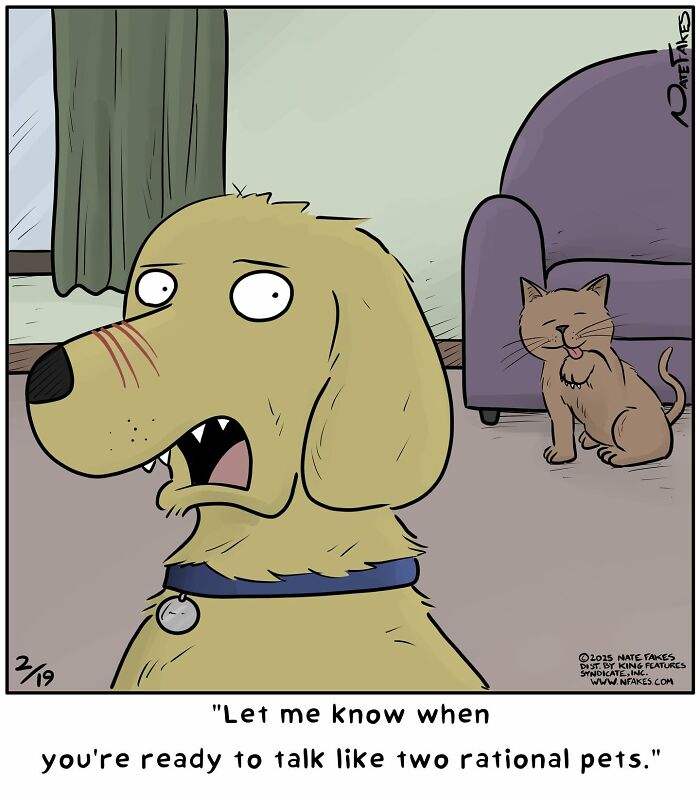 Funny single-panel comic showing a dog and cat with the dog asking to talk like two rational pets indoors.