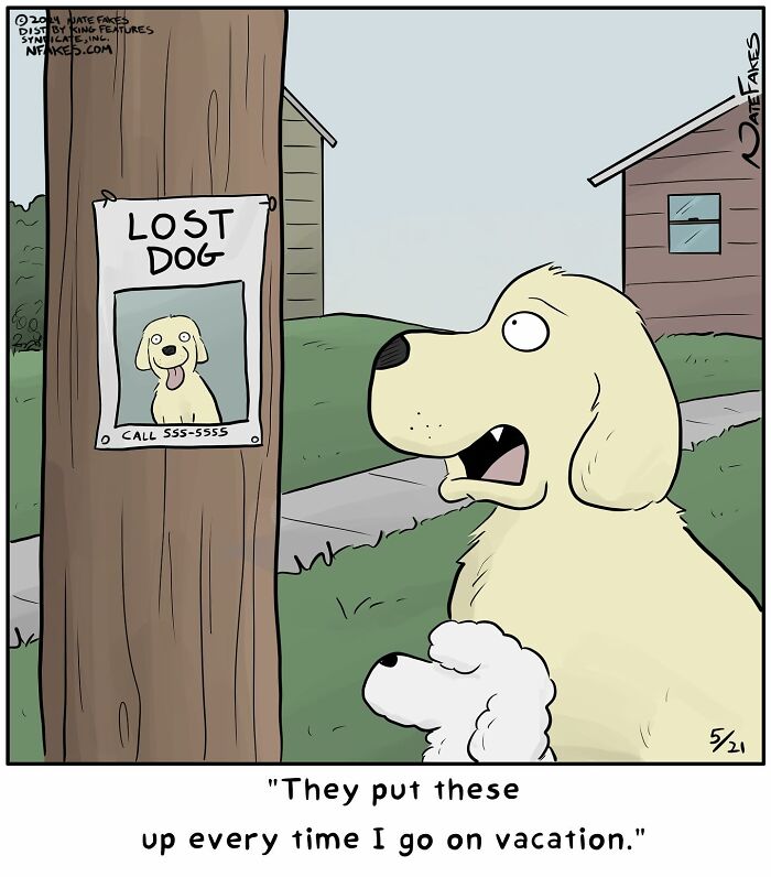 Funny single-panel comic showing a dog looking at a lost dog poster that features itself in a humorous scene.