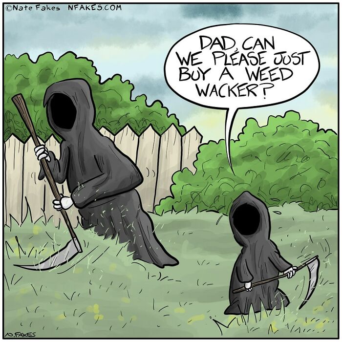 Funny single-panel comic showing two Grim Reapers in a yard, one child asking to buy a weed wacker instead of using a scythe.