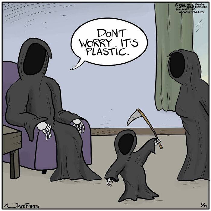 Funny single-panel comic showing grim reaper family with child holding a plastic scythe, capturing life’s quirky humor.