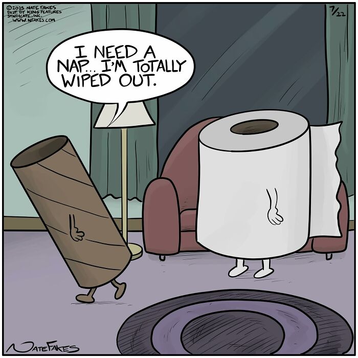 Comic panel showing an empty toilet paper roll telling a fresh roll it needs a nap, capturing funny single-panel comics quirks.