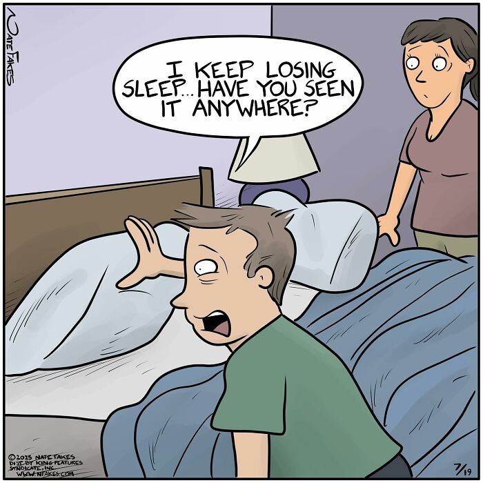 Man in a funny single-panel comic humorously asks about losing sleep while a woman looks on in a bedroom setting.