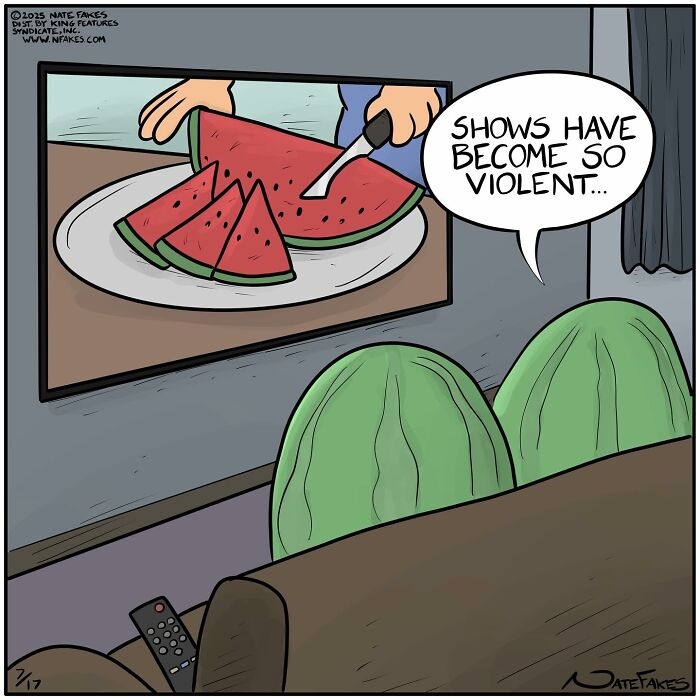 Two watermelons watch a violent watermelon cutting on TV in a funny single-panel comic capturing life’s quirks.
