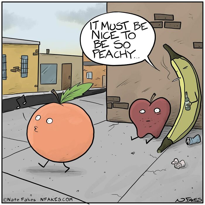 Funny single-panel comic showing a peach walking happily while a jealous apple and banana watch from an alley.