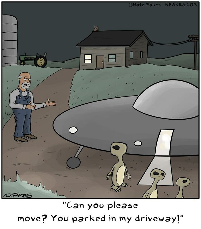 Farmer confronts aliens in driveway in a funny single-panel comic capturing life's quirks with humor and surprise.
