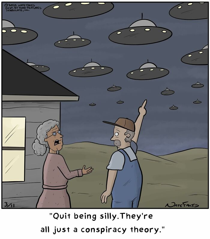 Couple outside a house at night seeing many UFOs in the sky in a funny single-panel comic about conspiracy theories.
