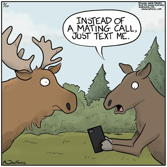 Funny single-panel comic showing two moose with one suggesting texting instead of a mating call in a forest setting.