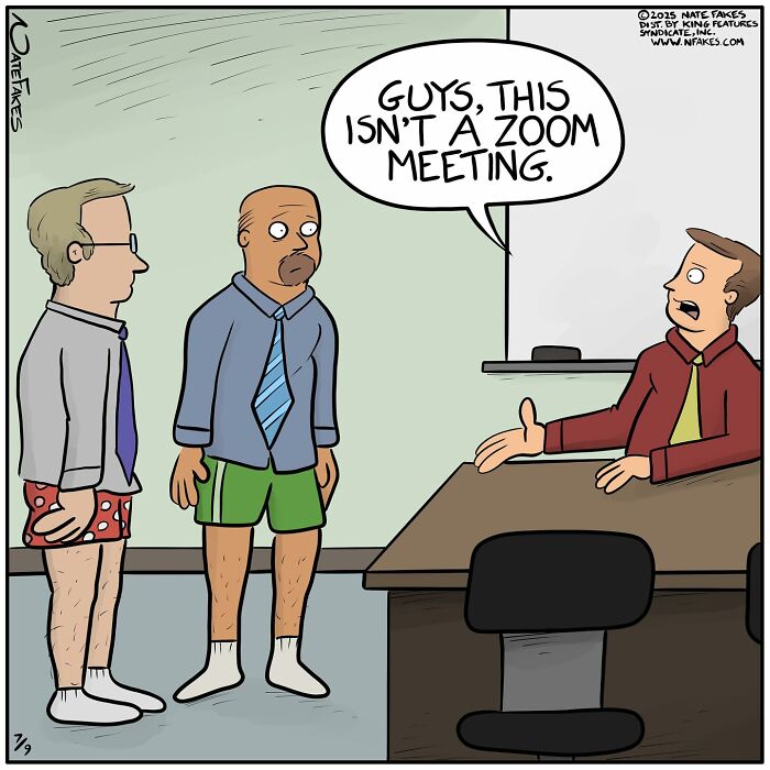Three men in a funny single-panel comic standing in a meeting room, one says this isn’t a Zoom meeting, capturing life’s quirks.