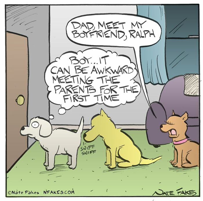 Funny single-panel comic of dogs meeting each other's "parents" with awkward and humorous dialogue in a living room setting.