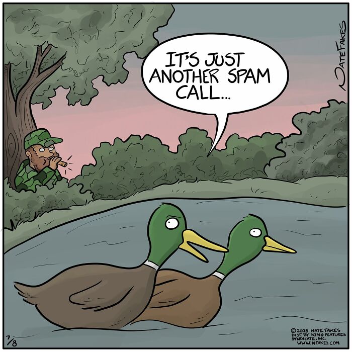 Single-panel comic showing a hunter hiding in bushes with two ducks, one saying it’s just another spam call.