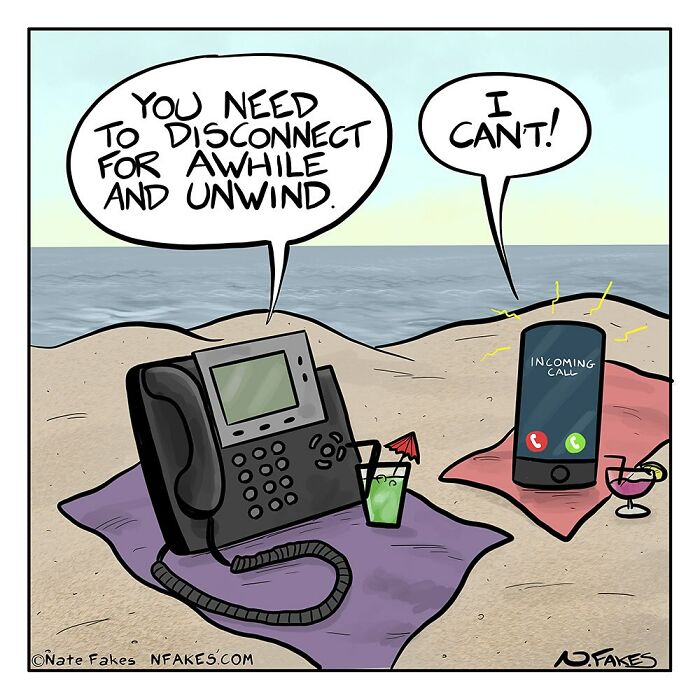 Funny single-panel comic showing a phone and smartphone on a beach towel discussing disconnecting to unwind.