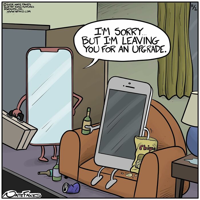 Single-panel comic showing a phone leaving its outdated model for a newer upgraded phone capturing life’s quirks humor.