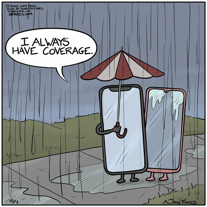 Cartoon of two smartphones in rain, one holding umbrella saying I always have coverage in a funny single-panel comic.