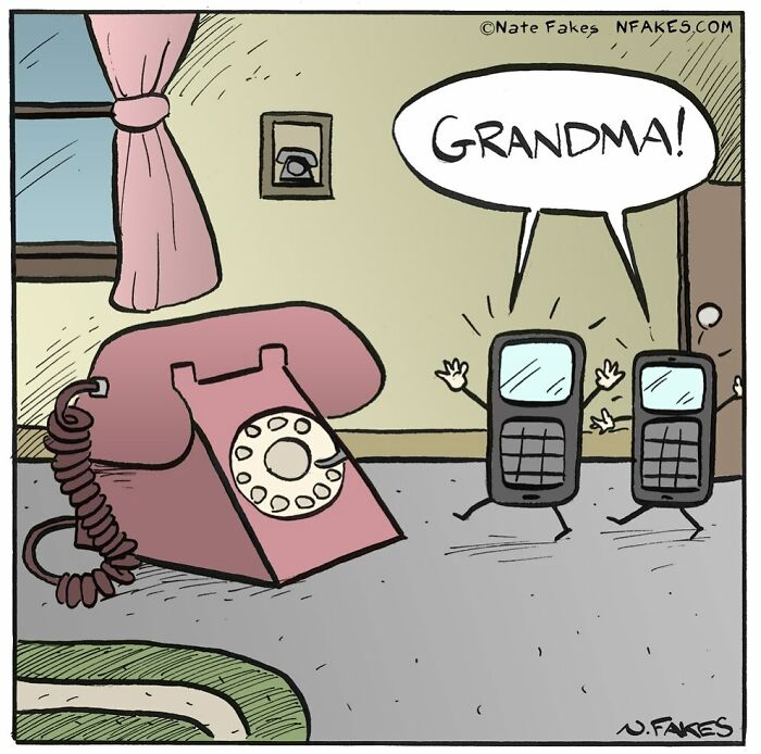 Cartoon of old rotary phone and two modern cell phones with arms, one shouting grandma, funny single-panel comic on technology quirks.