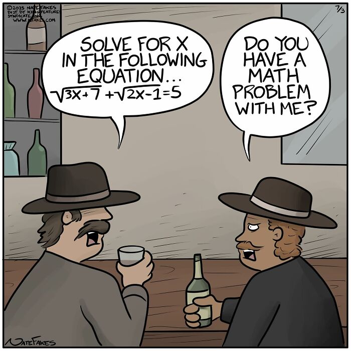 Two men in hats at a bar exchanging funny single-panel comics featuring a math problem joke about solving for x.