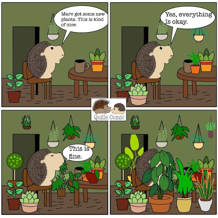 Comic panels showing a hedgehog surrounded by many plants, illustrating the funny and relatable hedgeho and porcupine duo.