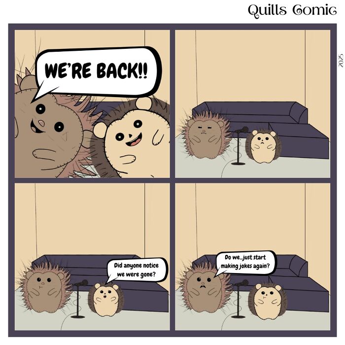 Hedgehog and porcupine roommates in a funny comic strip discussing their return and making jokes together.