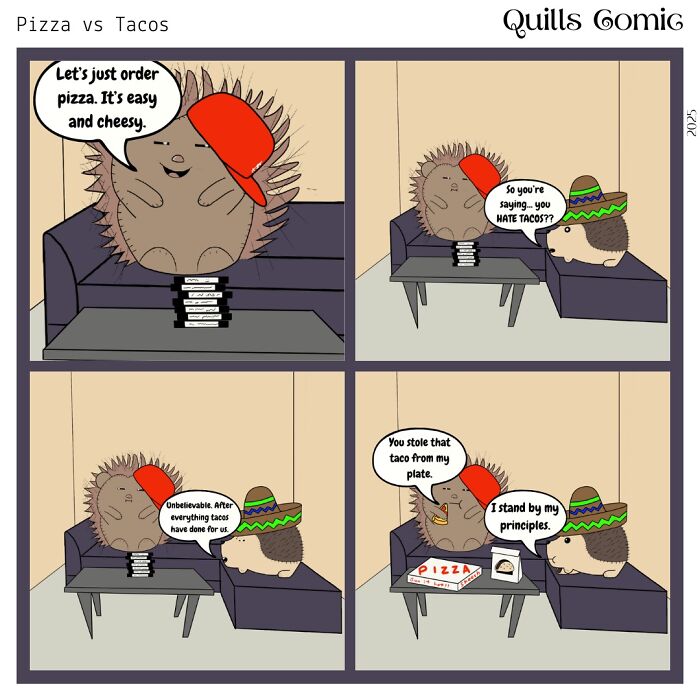 Comic strip featuring a hedgehog and porcupine roommates debating pizza vs tacos in a funny, relatable scene.