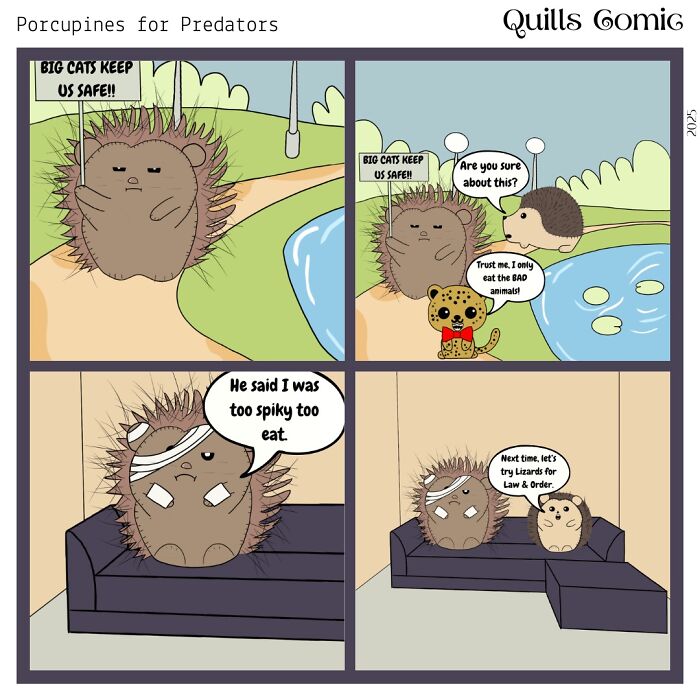 Comic featuring a hedgehog and porcupine roommate duo with funny and relatable moments about their spiky differences.