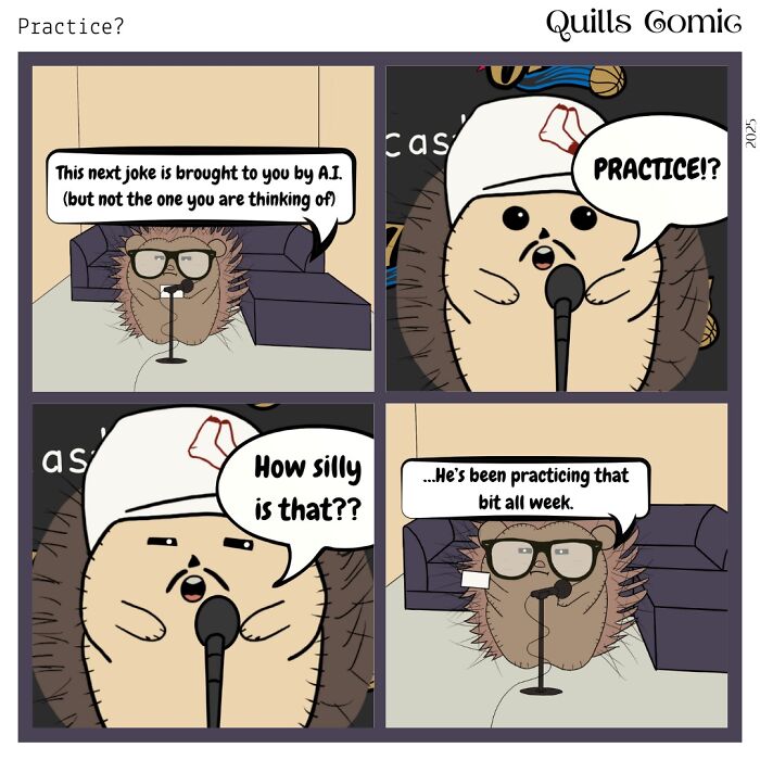 Comic panels featuring a hedgehog and porcupine roommate duo humorously discussing practicing a joke on stage.