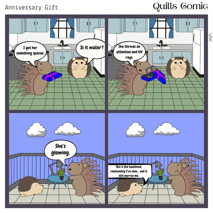 Comic strip of a hedgehog and porcupine roommates exchanging a gift and discussing UV rays and a glowing plant.